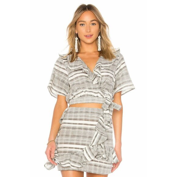 Tularosa Selma Wrap Shirt Striped White Gray Ruffle Short Sleeve Sz L Nwt $138